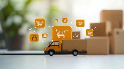 Aufkleber - miniature delivery truck is surrounded by digital shopping cart icons, symbolizing online shopping and logistics. background features blurred cardboard boxes, emphasizing e commerce