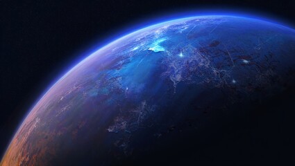 Poster - Planetary view showcasing a vibrant landscape and illuminated regions from a distance during twilight hours