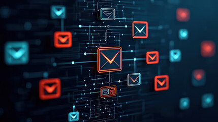 Fototapete - digital email interface is depicted with glowing icons connected by lines, symbolizing communication and technology. vibrant colors and network design convey sense of connectivity and modernity