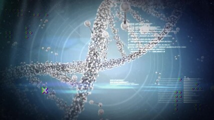 Poster - processing scientific data, dna strand with binary coding in animation