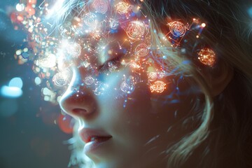 Poster - a conceptual portrait featuring a woman with glowing geometric patterns overlaying her face, symboli