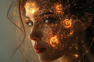 Poster - A close-up portrait of a woman with glowing energy lines and circuits on her face, representing technology, connectivity, and the human brain, highlighting innovation.