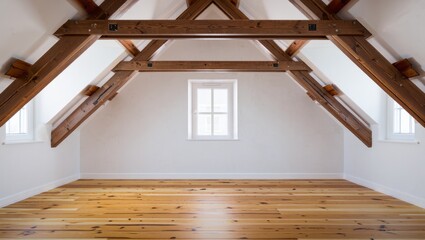 Poster - Rustic charm meets modern design in a bright, airy attic space with stunning wooden beams and a warm wood floor