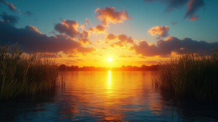 Poster - Vibrant sunset over calm lake, reflected in water, tall grasses in foreground.