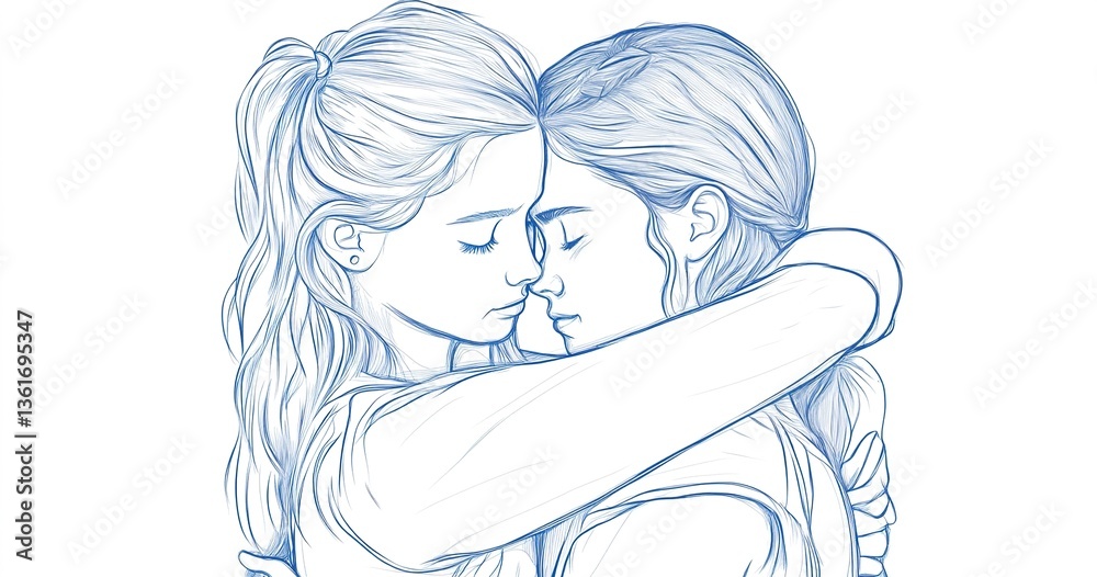 continuous line drawing of two teenage girls hugging each other - PNG ...