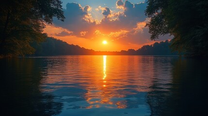 Poster - Vibrant sunset over calm lake, reflected in water, framed by trees.