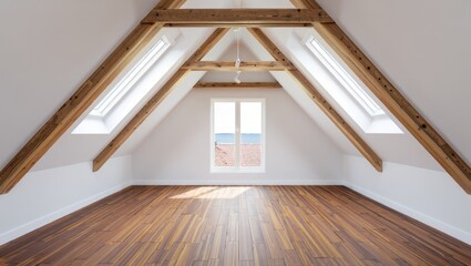 Poster - Beautifully designed attic space with wooden beams and natural light flooding in from skylights in a serene environment