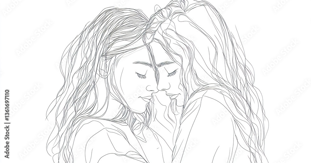 continuous line drawing of two teenage girls hugging each other - PNG ...