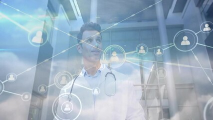Poster - Healthcare professional in white coat with network connections overlay animation