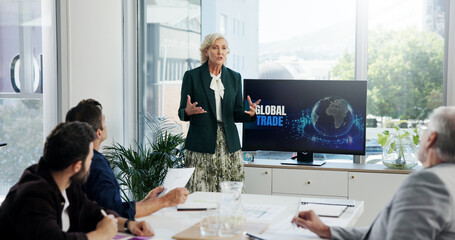 Leinwandbilder - Computer screen, global trade and presentation with business people in office boardroom for investment. Meeting, pitch and proposal with corporate team in workplace for financial training course
