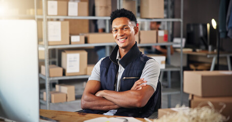 Poster - Ecommerce, man and arms crossed with computer in warehouse for stock management and courier service. Logistics, supply chain and worker portrait for inventory update, delivery tracking and shipping