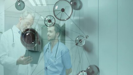 Poster - Doctors reviewing medical chart with animated network connections overlay in hospital