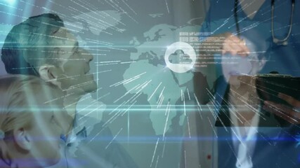 Poster - Healthcare professional interacting with patient, animation of digital data and world map