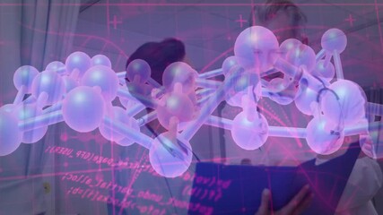 Poster - Examining data with molecular structure overlay, medical professionals in lab coats