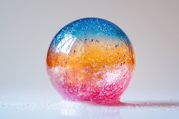 Aufkleber - Colorful ice sphere with vibrant hues and bubbles resting on a smooth surface in bright lighting