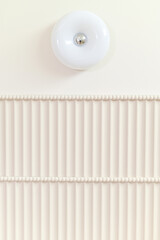 Fototapete - Minimalist white ceiling with round light fixture and textured linear design, creating clean and modern aesthetic