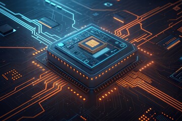 Poster - Futuristic Microchip on a Digital Circuit Board, A high-tech microchip glowing on an advanced digital circuit board, representing artificial intelligence, computing power, and modern technology innova