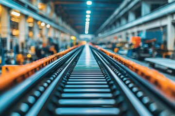 Poster - Long conveyor belt system in a modern industrial factory, showcasing manufacturing, automation, and logistics processes, emphasizing efficiency and technological advancement in production.