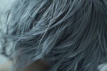Poster - Abstract close-up of textured, fine blue-gray hair, creating a dynamic and flowing pattern with depth and intricate details in light and shadow.