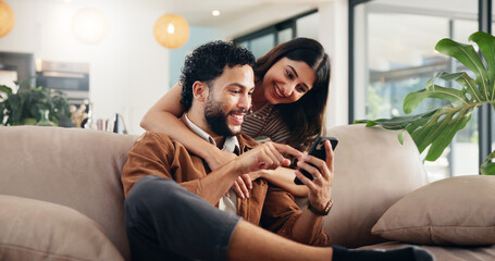 Poster - Home, smile or couple with cellphone, relax or email with social media, website info or relationship. App, man or woman on couch, smartphone or internet with message to contact, texting or marriage
