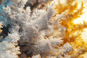 Poster - A detailed macro shot of decorative frost-covered foliage with a shimmering, golden accent, creating a magical and enchanting festive atmosphere in the winter light.
