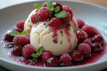 Aufkleber - Delicious dessert featuring vanilla ice cream topped with raspberries and a berry sauce in a unique presentation