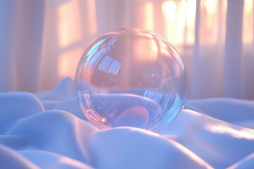 Poster - Crystal sphere rests on soft fabric, reflecting sunlight and creating a serene atmosphere in a softly lit room