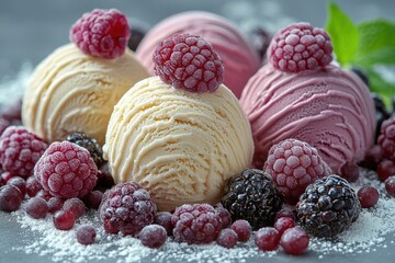 Poster - Delicious ice cream scoops topped with fresh berries served on a wooden table