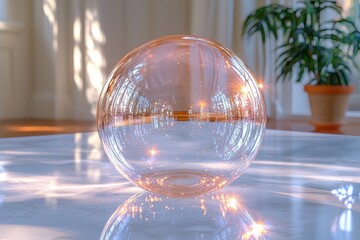 Fototapete - Glass sphere reflecting light in a bright room with plants in the background and soft shadows on the floor