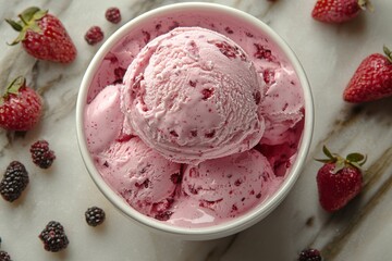 Poster - Delicious strawberry and blackberry ice cream served in a tub surrounded by fresh berries