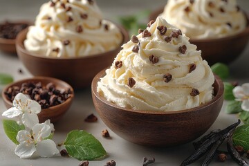 Aufkleber - Delicious whipped cream topped with chocolate chips and surrounded by fresh mint and flowers on a neutral background