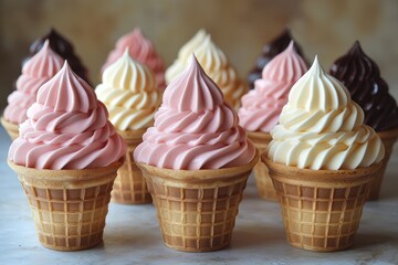 Aufkleber - Colorful ice cream cones arranged on a table showcase delicious flavors ready to be enjoyed during a sunny day