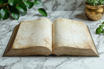 Aufkleber - Elegant open book resting on a marble surface surrounded by plants in a serene reading nook