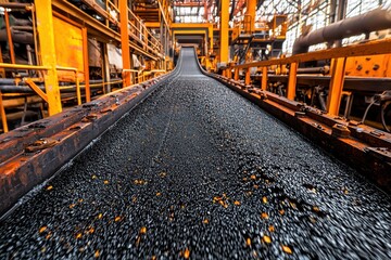 Poster - A long conveyor belt transporting small black rocks inside an industrial complex, showcasing mining and industrial processes with orange metal framing and machinery.
