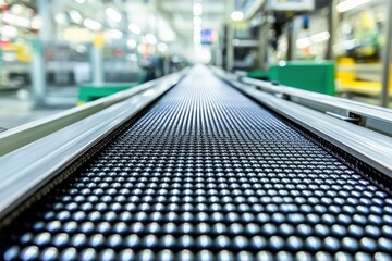 Poster - Endless automated conveyor belt with circular patterns in a modern factory, symbolizing manufacturing, distribution, and advanced industrial technology applications in process.