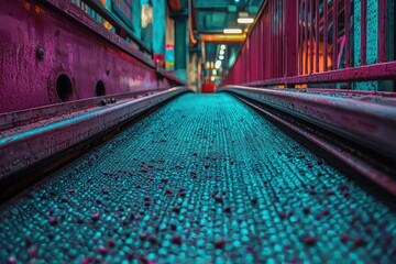Poster - Industrial conveyor belt in vibrant neon hues, featuring a detailed texture and flanked by colorful railings in a factory setting, representing automation and technological processes.