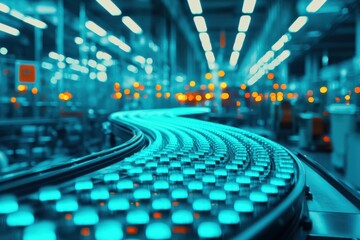 Poster - A detailed macro shot of a production conveyor belt surface, capturing intricate textures and moving components in crisp detail while the surrounding industrial environment is softly blurred