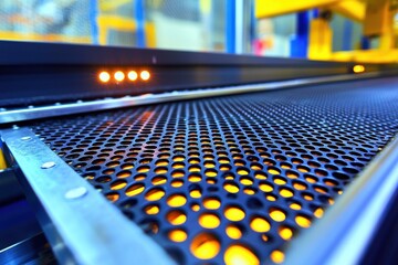 Poster - close-up of a perforated metal conveyor belt illuminated with orange light, featuring a dark blue an