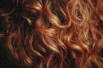 Poster - Detailed close-up of auburn curly hair, showcasing rich textures and vibrant color transitions, perfect for beauty and haircare related advertising campaigns or artistic projects.