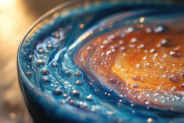 Aufkleber - Vibrant swirls of color and bubbles create an abstract design in a shallow dish during late afternoon light