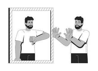 Fototapete - Low self esteem mirror line illustration concept. Insecurity, inner critic. Mental health. Black man facing harsh negative self-image outline 2D character isolated. Ink linear drawing vector art