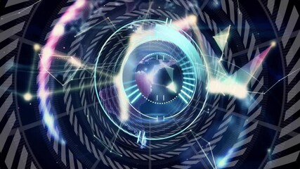 Poster - Digital clock animation with colorful geometric light patterns in futuristic design