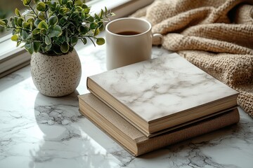 Aufkleber - Cozy reading nook with books, coffee, and plants on a marble table near a window in soft morning light