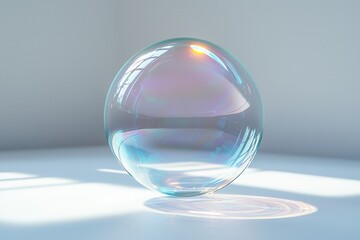 Aufkleber - Translucent bubble rests on a smooth surface reflecting sunlight in a serene indoor setting