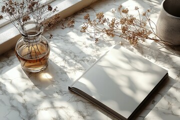 Poster - Relaxation and creativity flow in a sunlit workspace with natural decor and a blank notebook on a marble tabletop