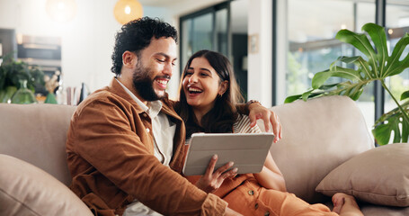 Poster - Home, funny and couple on couch, tablet and conversation with joke, bonding together and connection. People, laughing and man with woman, tech and romance with entertainment, humor and relationship
