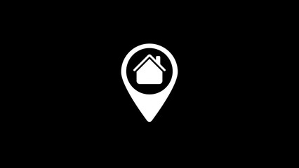 Poster - White location pin with house symbol on black background.