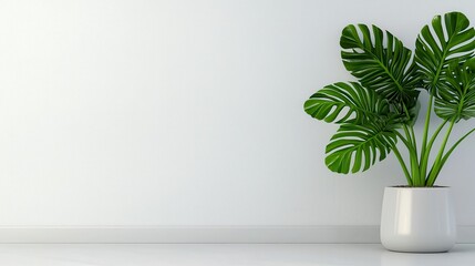 Wall Mural - Beautiful plant in a white vase set against a minimalist empty room with white walls and clean floor design
