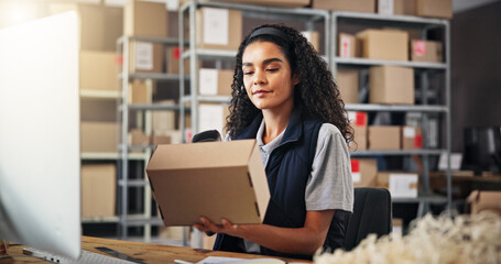 Aufkleber - Woman, scanner and box for warehouse distribution of inventory management, order barcode and stock. Person, computer and package for reading price, quality assurance and label of shipping information