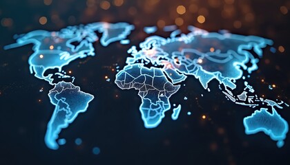 Poster - Digital illustration global network connections on world map. Data flow across continents in digital landscape. Communication technology concept. Information technology.